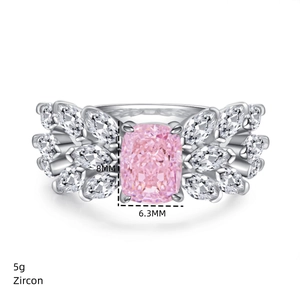 Macro detail of S925 silver radiant cut pink zircon ring with stone dimensions and weight