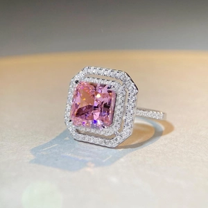 Luxurious S925 sterling silver cushion cut pink zircon ring with double halo pavé