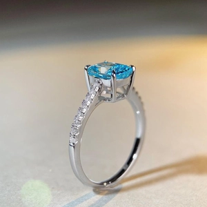 S925 sterling silver ring with radiant cut aquamarine stone and pave side diamonds