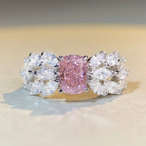 Radiant cut pink diamond ring in S925 sterling silver with a floral cluster design