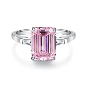 Elegant 5-carat emerald cut pink diamond silver ring with trapezoid side stones