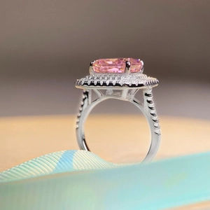 Radiant cut pink zircon S925 sterling silver ring with micro-paved sparkling side stones
