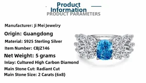 Macro detail of Radiant cut 2ct blue carbon diamond and S925 sterling silver wing setting