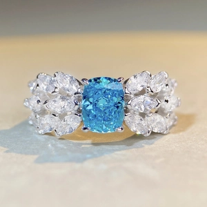 Exquisite S925 sterling silver aquamarine ring with cushion cut blue gem and diamond wings