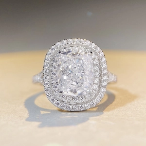 S925 sterling silver ring with cushion cut center stone and double halo pave setting