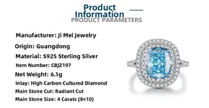 Detail of 4ct radiant cut blue carbon diamond ring in S925 sterling silver setting