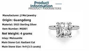 Detail specifications of 3.5 carat radiant cut moissanite ring in S925 silver setting