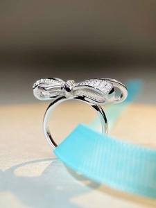 Detailed macro view of silver bow ring featuring sparkling pavé zircon and sleek metal band