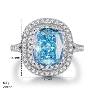 Close-up of 6.1g silver ring with light blue cushion cut zircon and detailed dimensions