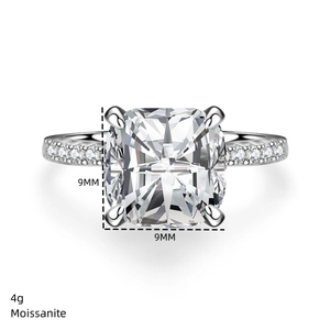 Macro shot of 9mm square Moissanite ring in S925 silver with side accent stones