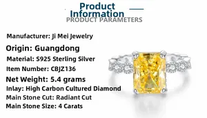Detailed product parameters of 4 carat radiant cut yellow diamond S925 silver ring