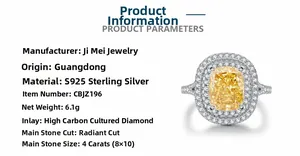 Macro detail of S925 silver ring featuring a 4 carat radiant-cut yellow high carbon diamond