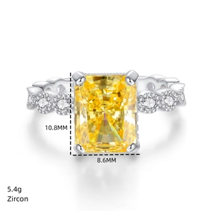 Detail showing 10.8mm x 8.6mm princess cut yellow zircon in S925 silver ring band
