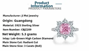 Macro shot of 3ct pink radiant cut center stone with S925 silver sunflower setting