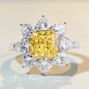Sparkling S925 silver ring with yellow cushion-cut center stone and floral diamond halo
