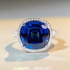 Bague Halo en Argent Sterling 925 avec Zirconia Taille Coussin pour Femme Luxueuse Bague Ronde Bleu Vert pour Fiançailles Mariage