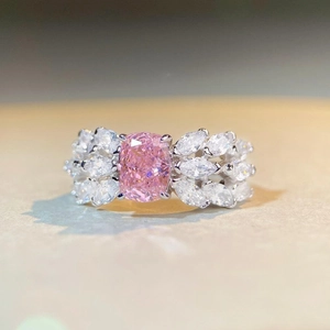 Radiant cut pink gemstone ring in S925 sterling silver with marquise side stones
