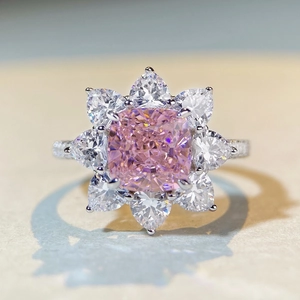 Exquisite S925 sterling silver sun flower ring with pink cushion cut center stone