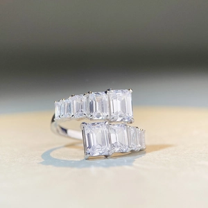 925 silver adjustable open ring featuring double-row baguette-cut cz diamonds
