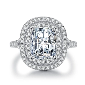 Sparkling S925 sterling silver cushion cut halo ring with split shank and pavé diamonds