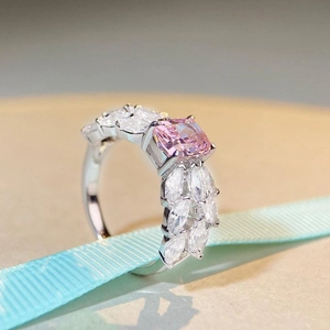 Radiant cut pink gemstone S925 sterling silver ring with marquise crystal cluster