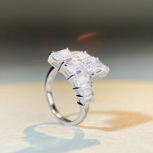 925 sterling silver adjustable open ring with rows of rectangular cut zircon stones