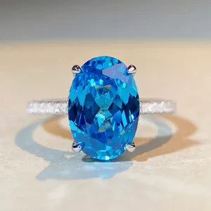 Luxury 925 Sterling Silver Oval Blue Zirconia Ring Elegant Large Gemstone Wedding Banquet Women Fashion Commuter Finger Ring