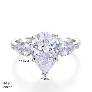 Detail view of a 3.5g S925 silver ring featuring 12.7mm pear-cut zircon and side stones