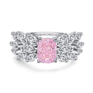S925 sterling silver ring featuring a radiant cut pink gem and marquise side stones