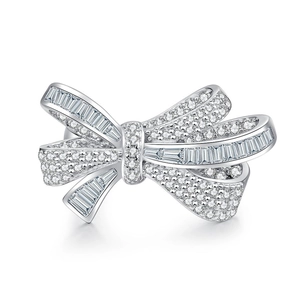 Bow knot ring in S925 sterling silver with micro-pave round and baguette cut zircons