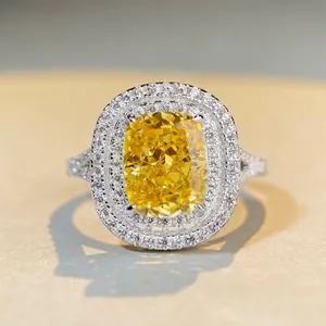 Luxurious 925 Sterling Silver Cushion Cut Double Halo Ring For Women Elegant Rhinestone Inlaid Statement Fashion Jewelry Ring Gift