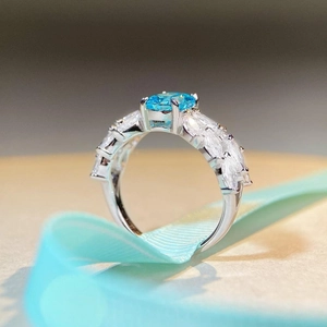 S925 Sterling Silver Ring with Aquamarine Blue Rectangular Stone and Zircon Wings