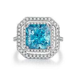 S925 sterling silver ring featuring radiant cut aquamarine stone with double halo diamonds
