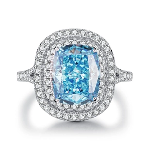 Luxury sterling silver ring with sky blue cushion cut zircon and double halo stones