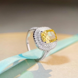 Luxurious S925 sterling silver ring with cushion-cut yellow stone and double halo