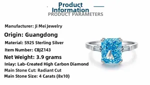 Macro detail of S925 sterling silver ring featuring radiant cut 4ct blue carbon diamond