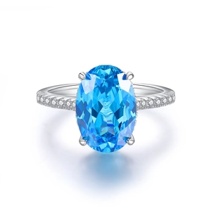 Elegant S925 sterling silver ring with oval aquamarine stone and micro-pave zircons