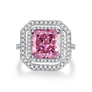 Luxurious S925 sterling silver ring with cushion cut pink zircon and double halo diamonds