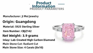 Detail view of S925 sterling silver ring with 4ct radiant cut pink carbon diamond