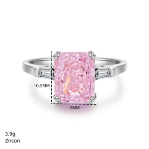 Macro shot of 10.5mm radiant cut pink zircon ring in S925 sterling silver, 3.9g weight