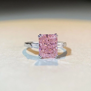 S925 sterling silver ring with radiant cut pink stone and baguette side diamonds