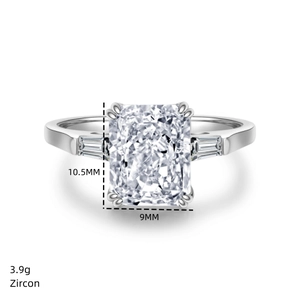 Macro detail of Radiant-cut Zircon ring with 10.5x9mm stone and 3.9g silver band