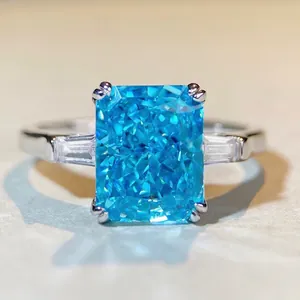925 Sterling Silver Radiant Cut Zirconia Ring Luxury Three Stone Rectangular Blue Pink Yellow White Gemstone Ring Women Jewelry