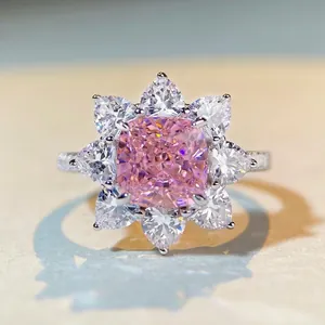 S925 Sterling Silver Sun Flower Ring For Women Cushion Cut Pink Yellow White Rhinestone Engagement Floral Finger Ring Jewelry