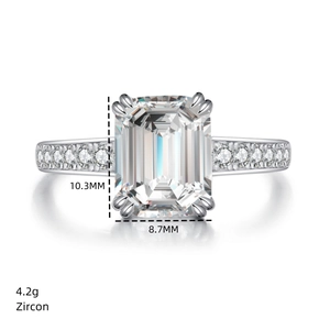 Detail view of emerald cut zircon ring showing 10.3mm stone size and 4.2g weight specs
