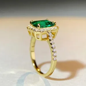 925 Sterling Silver Emerald Cut Ring with 18K Gold Plating and Halo Diamond Accents
