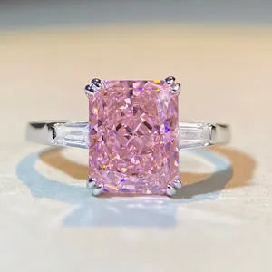 S925 Sterling Silver Radiant Cut Zirconia Engagement Ring For Women Three Stone Pink Yellow Blue Zircon Luxurious Ring Jewelry