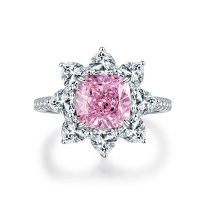 Luxurious S925 silver flower ring featuring a pink cushion-cut center stone and petal accents