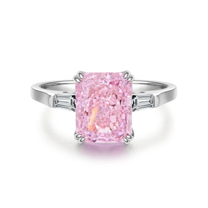 Elegant S925 sterling silver ring with radiant cut pink gemstone and side trapezoid stones