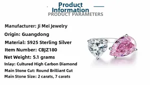 Macro detail of S925 silver ring featuring heart white and pear pink carbon diamonds
